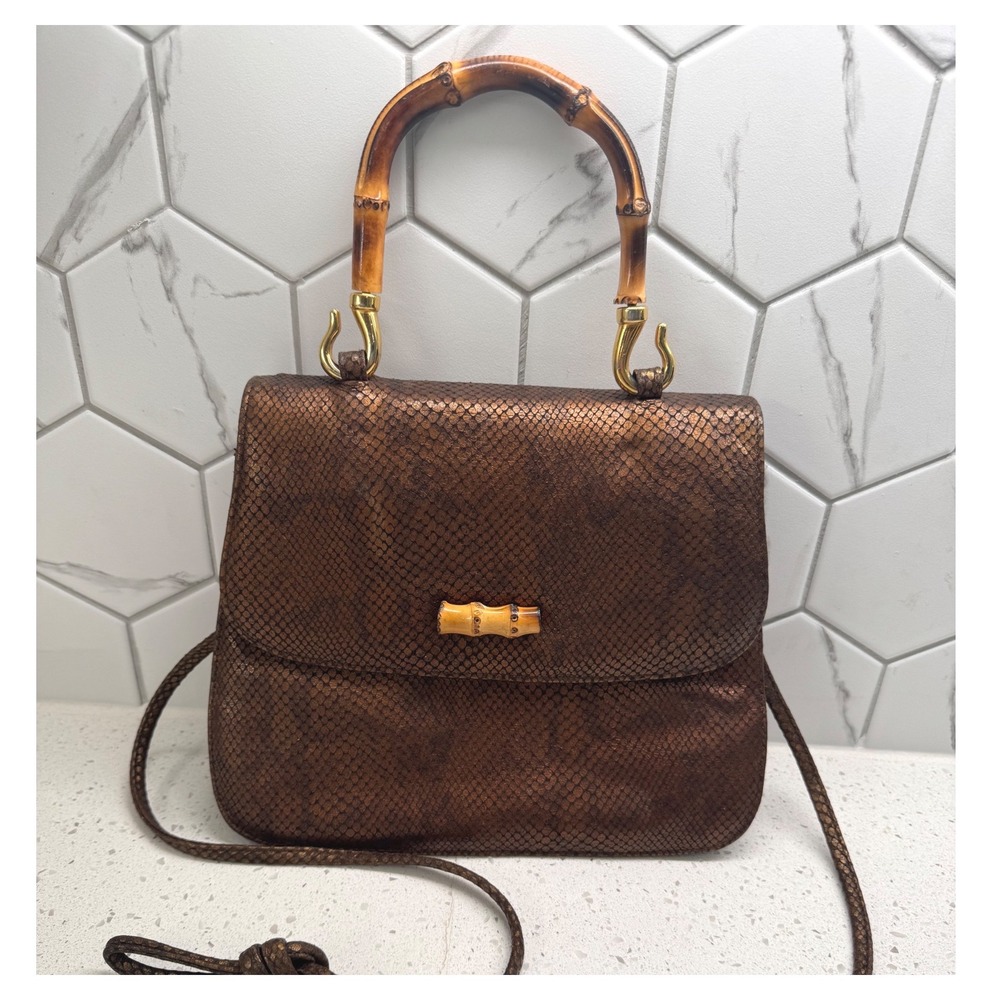 Susan Gail Handbag Womens Snakeskin Bronze Excellent Vintage Bamboo Top Handle